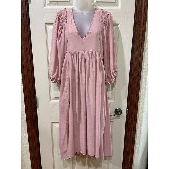 New Mustard Seed Pink Midi Dress With Puff Sleeves & Smocked Shoulders  Size S P - Picture 10 of 10